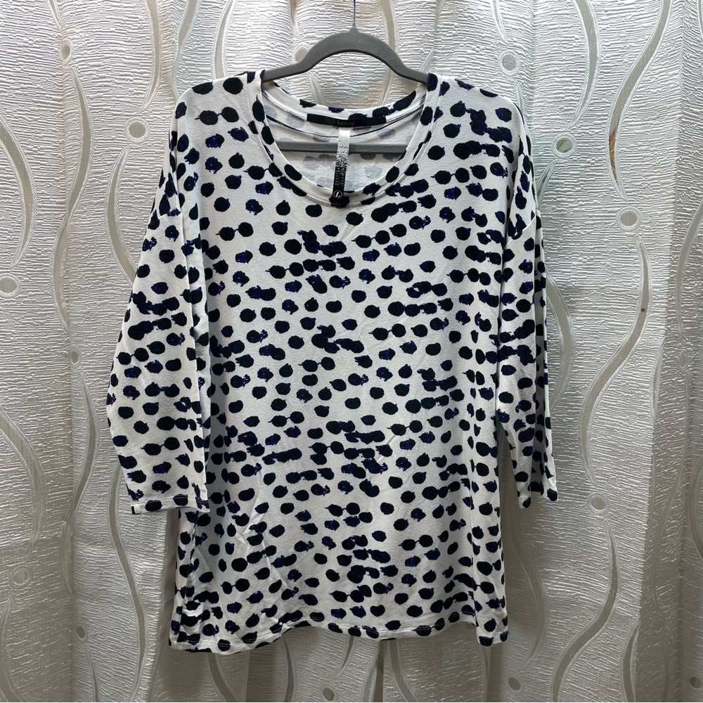 Kensie Polka Dot Top Women Large White Blue Excellent 3/4 Sleeve KV4K3657